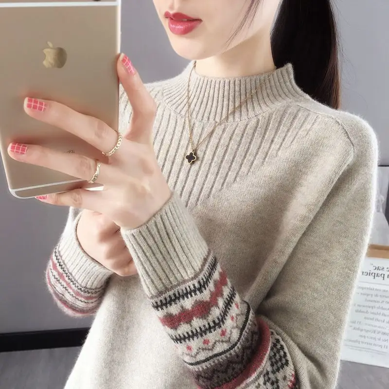 الراقية المرأة محبوك سترة f عالية طوق قاعدة طبقة طويلة Sve العلوي تي شيرت كومبو منتظم رقيقة الشتاء Sle