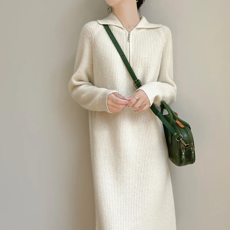 

Women Basic 100% Merino Wool Loose Zipper Below The Knee Dress Soft Solid Color Long Sleeves Clothing Comfortable Soft Dress