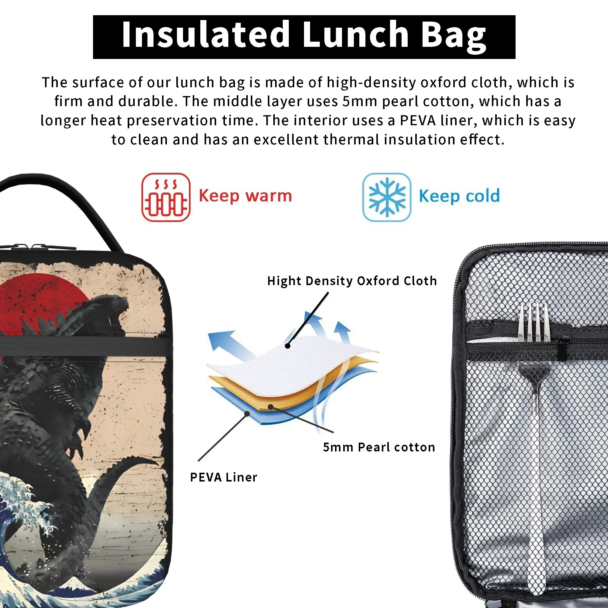 Godzillaed Great Wave Insulated Lunch Bag Large Lunch Container Thermal Bag Tote Lunch Box Office  Outdoor Food Bag view 4