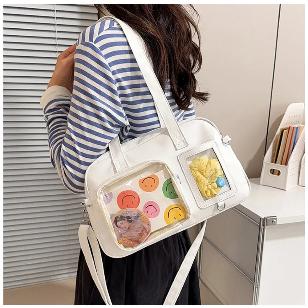 Simple transparent window bag with detachable shoulder strap for commuting and school, anime-themed two-dimensional storage cros