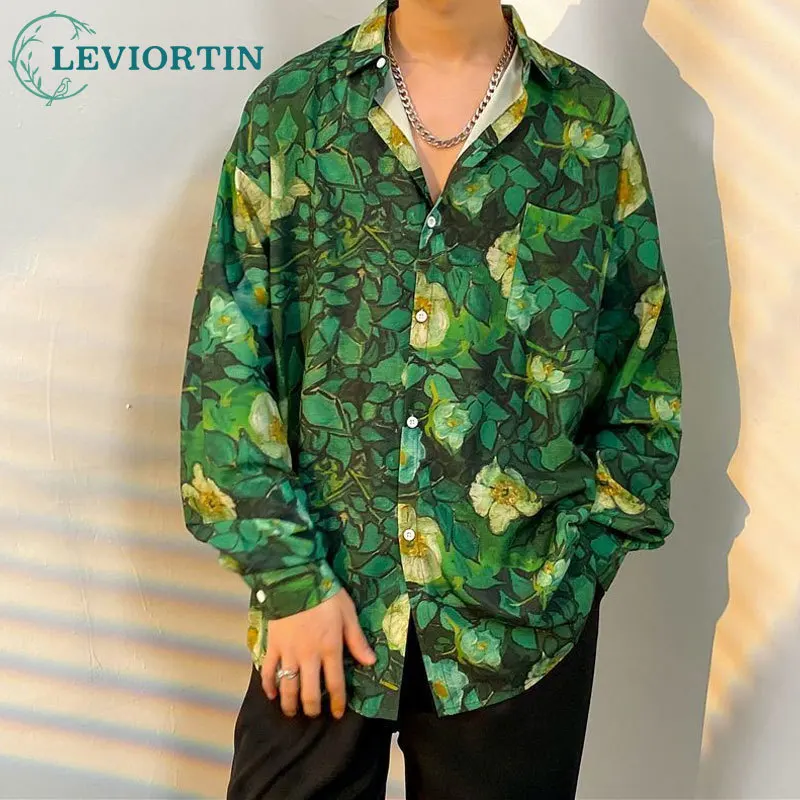 Vintage Hawaiian Shirt Y2K Summer Flower Print Long Sleeve Button Beach Shirts Man Streetwear 2023 Men Fashion Casual Blouse Top
