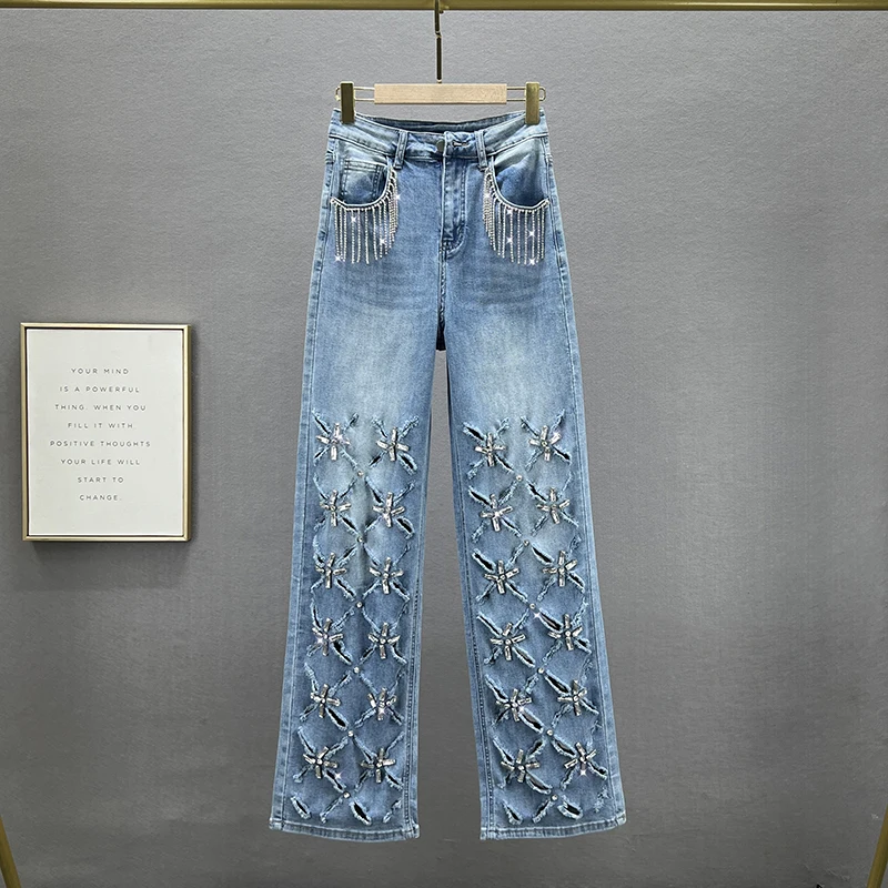 Pantalones vaqueros de pierna recta con agujeros para mujer, Vaqueros elegantes de cintura alta, holgados, con incrustaciones de diamantes, tendencia, otoño 2024