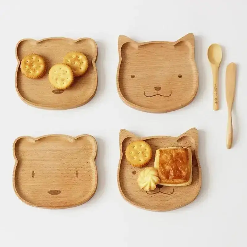 Cute Animal Shaped Wooden Plates Set Bear Cat Design Kids Tableware Natural Beech Wood Snack Plates for Cookies Fruits Daily Use