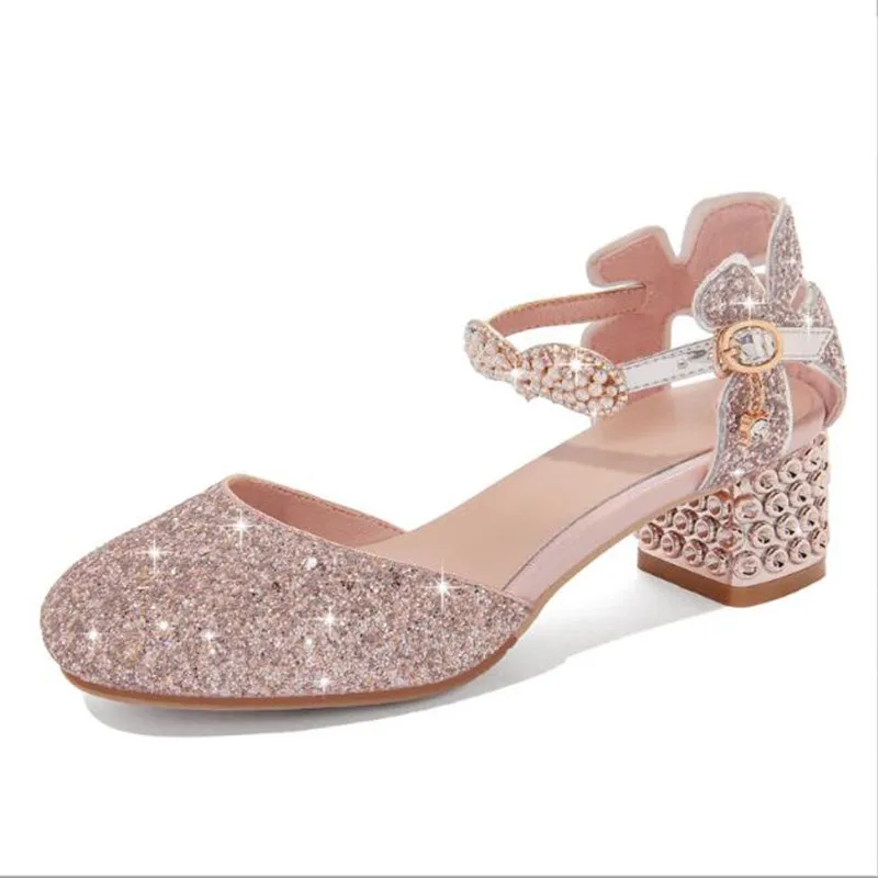 Principessa bambini scarpe in pelle ragazze sandalo dolce perla Casual Glitter bambini tacchi alti ragazze partito scarpe da ballo rosa oro argento