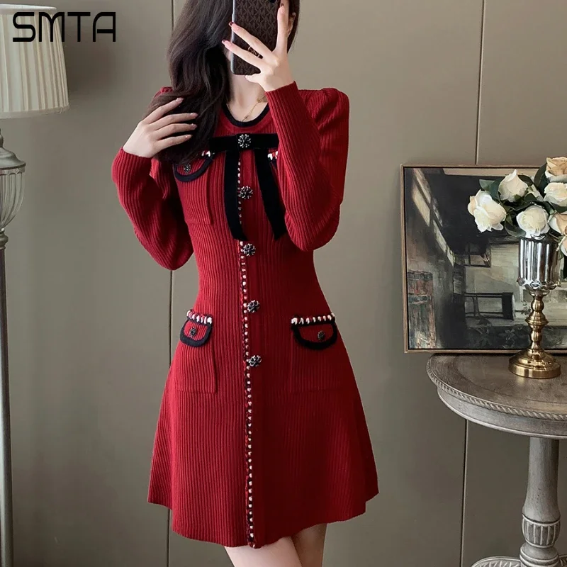 Vintage Bow O-neck Botton Knitted Sweater Mini Dress for Women Clothing Elegant Red Christmas Korean Bodycon Dress Winter Robe