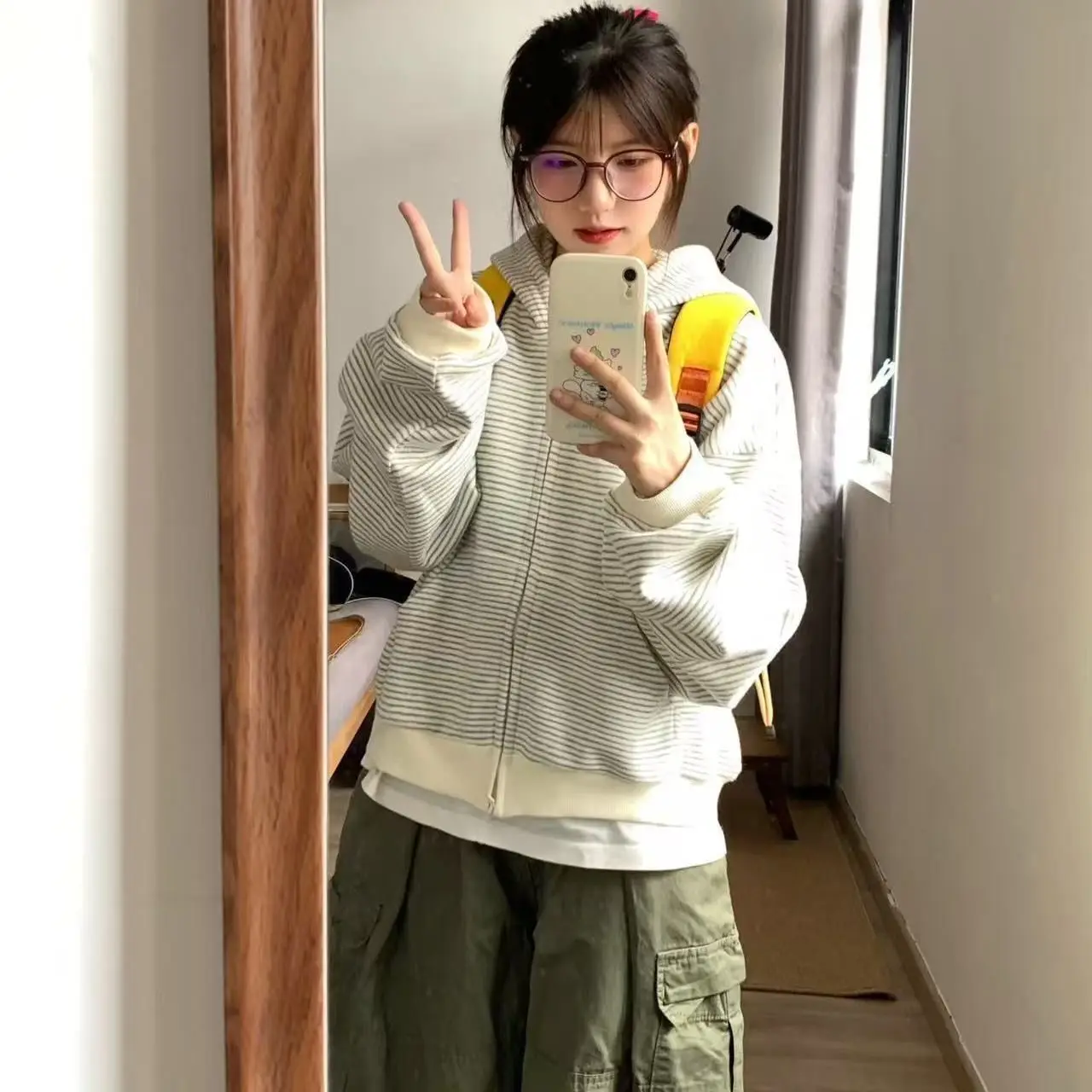 Women Hoodie Korean Style Vintage Striped Zip Up Cardigan Sweatshirt Preppy Fall Elegant Loose Jacket 2026 New