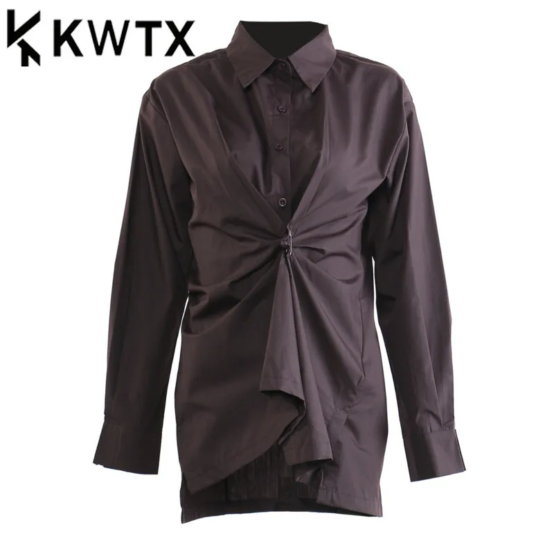 

KWTX 2025 Spring Summer Women's Cotton Shirt Jacket Coffee Brown Belted Waist Stylish Casual Outerwear Fashion Trendy Blouse