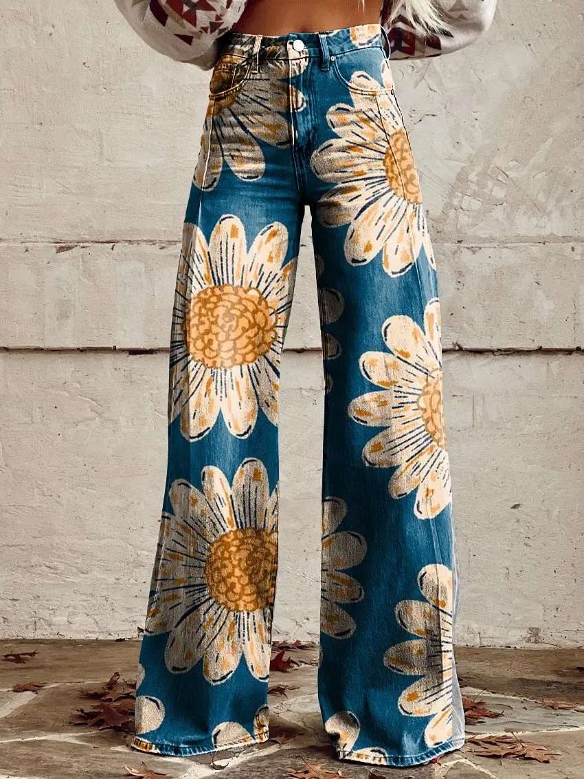 Pantalones de pierna ancha para hombre y mujer, pantalón de moda con diseño de flor de girasol para compras diarias y casuales