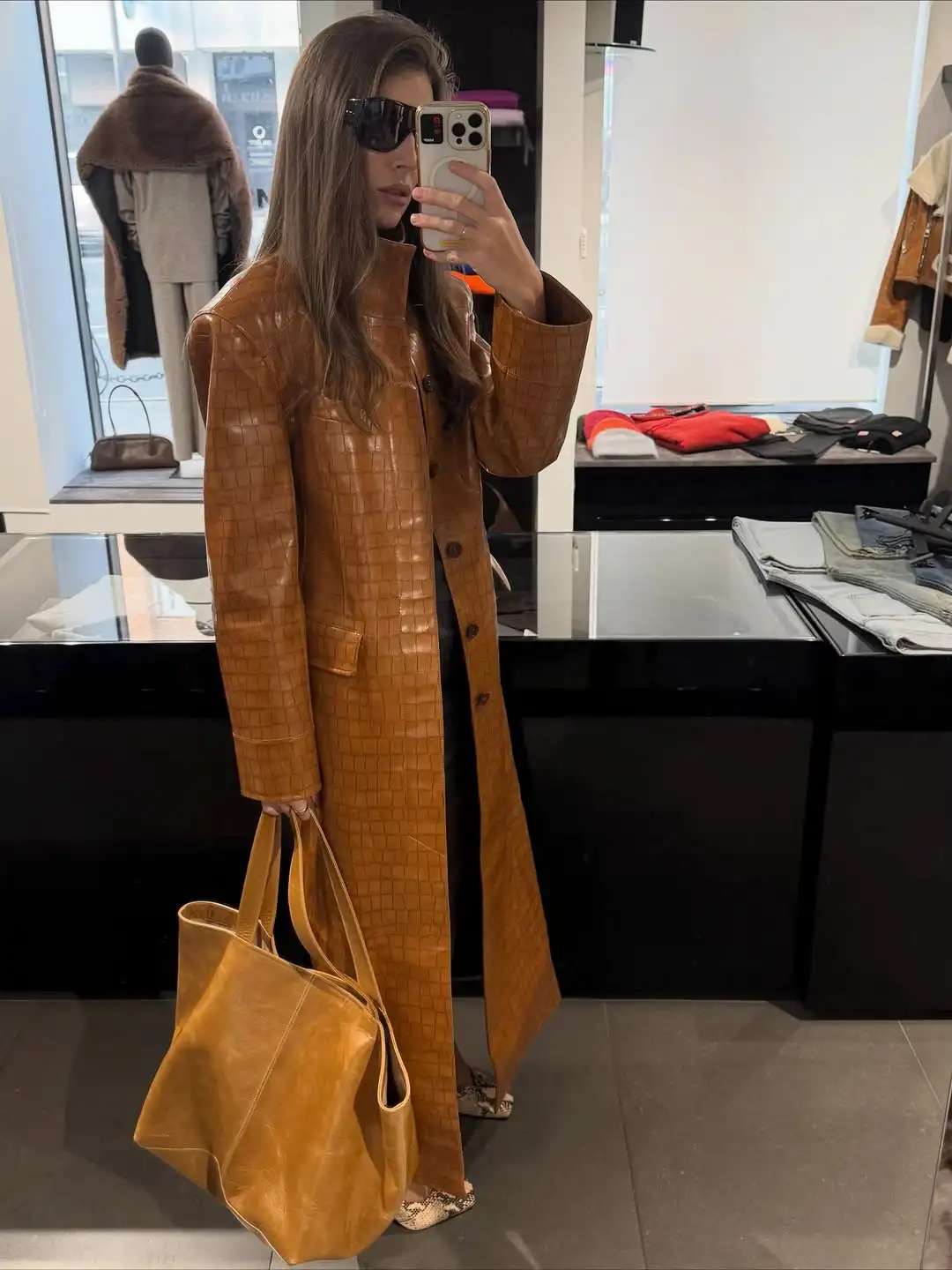 Solid Croc Embossed Faux Leather Long Trench Coat Lapel Single Breasted Straight Long Front Pockets Women Vintage Autumn Winter