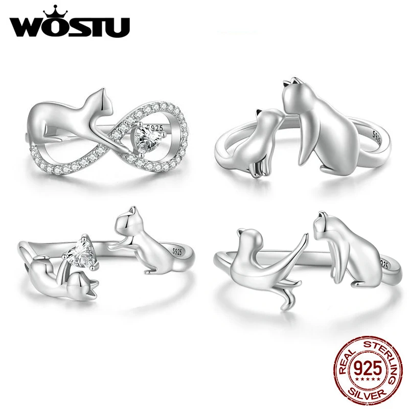 WOSTU 925 Sterling Silver Creative Pet Cat Opening Ring For Women Lovely Fox Animal Rings Girl Birthday Gift Party Accessories