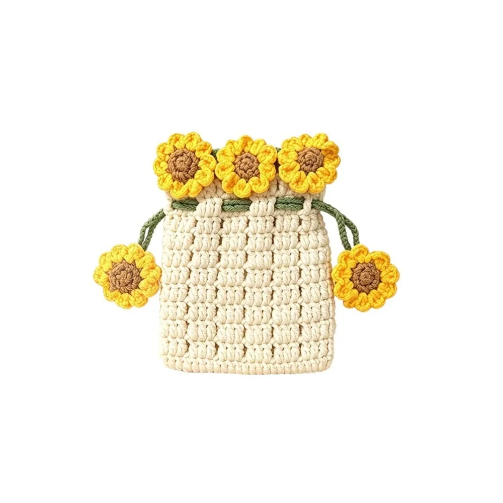 Fashion Handwoven Sunflower Design Organizer Pouch Tie Closure Adjustable Rope Hanging Storage Bag Crochet Fabric Pouch Travel