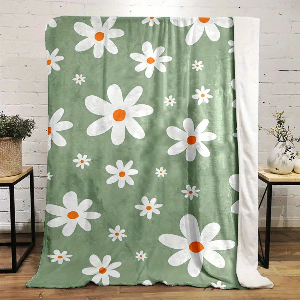 Daisy Print Flannel Blanket, Reversible Digital Print All-Season, Modern Cartoon Style, Soft& Durable Anti-Pilling& Shed-Resista