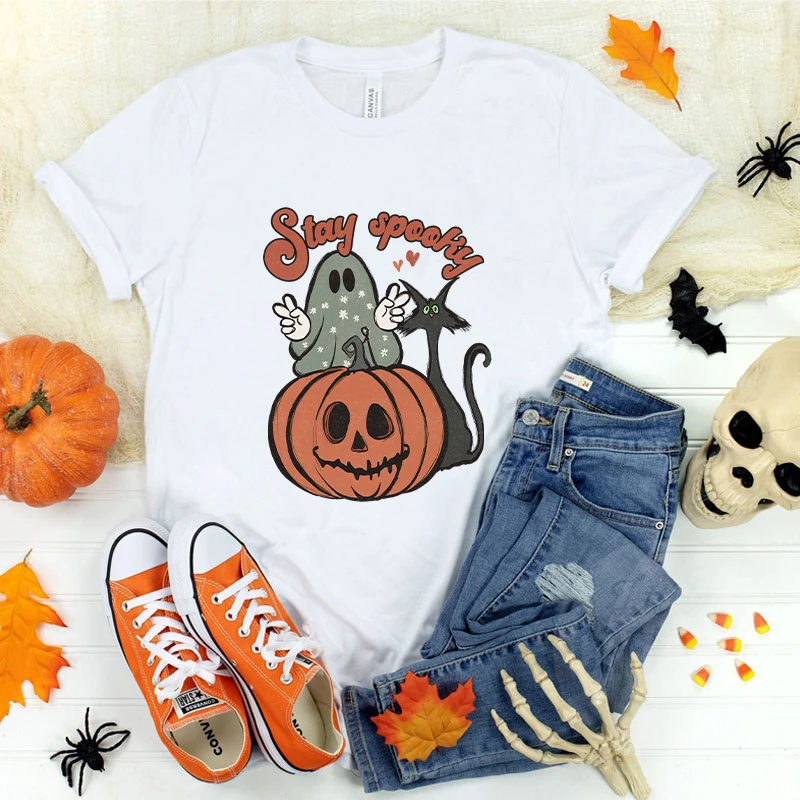 

(Premium T-shirt)New Halloween Boo Pumpkin Stay Spooky Printing T Shirts Fashion Short Sleeve T Shirt Summer Casual Loose Tops