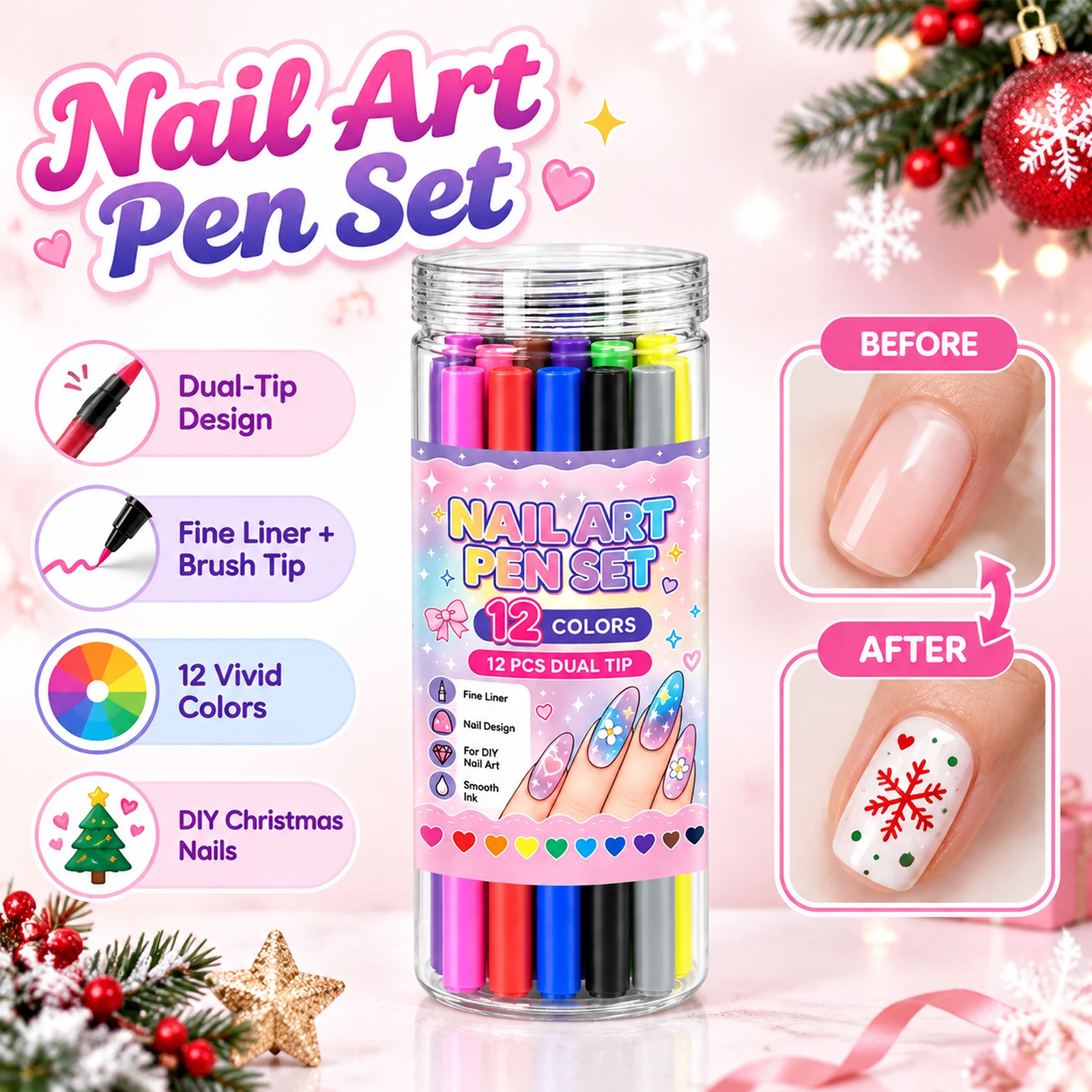 12 Colors Dual Tip Nail Art Pen Set Extra Fine Tip Waterproof Quick Dry Smooth Ink Flow Home Manicure DIY Nail Polish Pen Marker