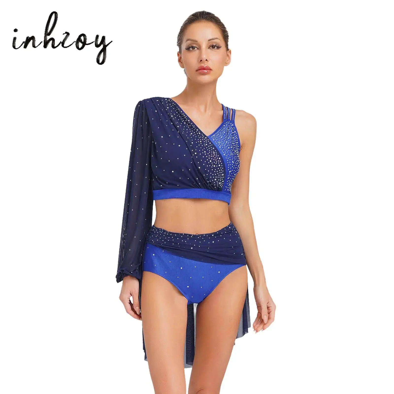 

Womens Lyrical Dance Outfit Single Sleeve Backless Crop Top Mesh Skirted Briefs 2Pcs Suit for Contemporary Modern Ballet Dance