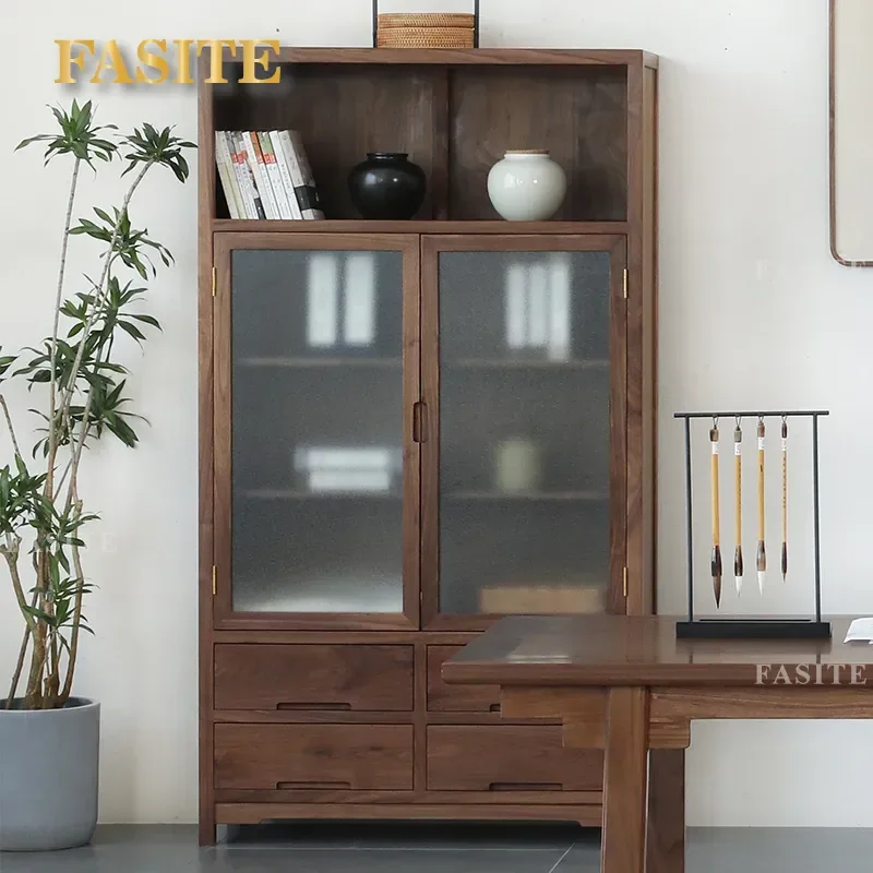 Black Walnut Solid Wood Bookcase Floor to Ceiling Glass Display Cabinet Modern Storage Locker Combined Shelving Unit for