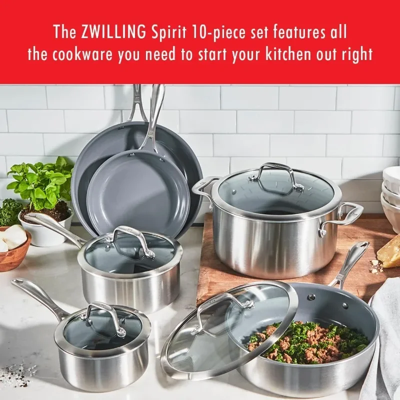 ZWILLING Spirit 3-ply 10-pc Stainless Steel Ceramic Nonstick Pots and Pans Set, Dutch Oven, Fry Pan