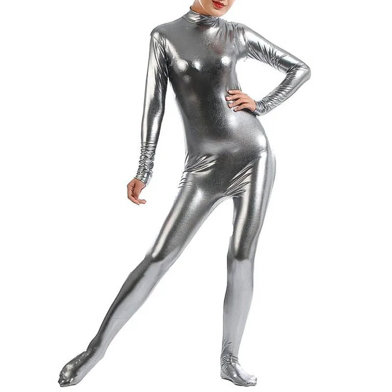 Women Shiny Metallic Unitard Headless Long Sleeve Zentai Back Zipper Halloween Catsuits Zip Footed Full Bodysuits Adult Cosplay