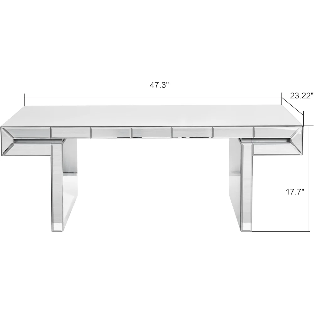 48" Modern Luxury Rectangle Mirrored Coffee Table - Silver Finish Center Table with Fluted Glass Edge