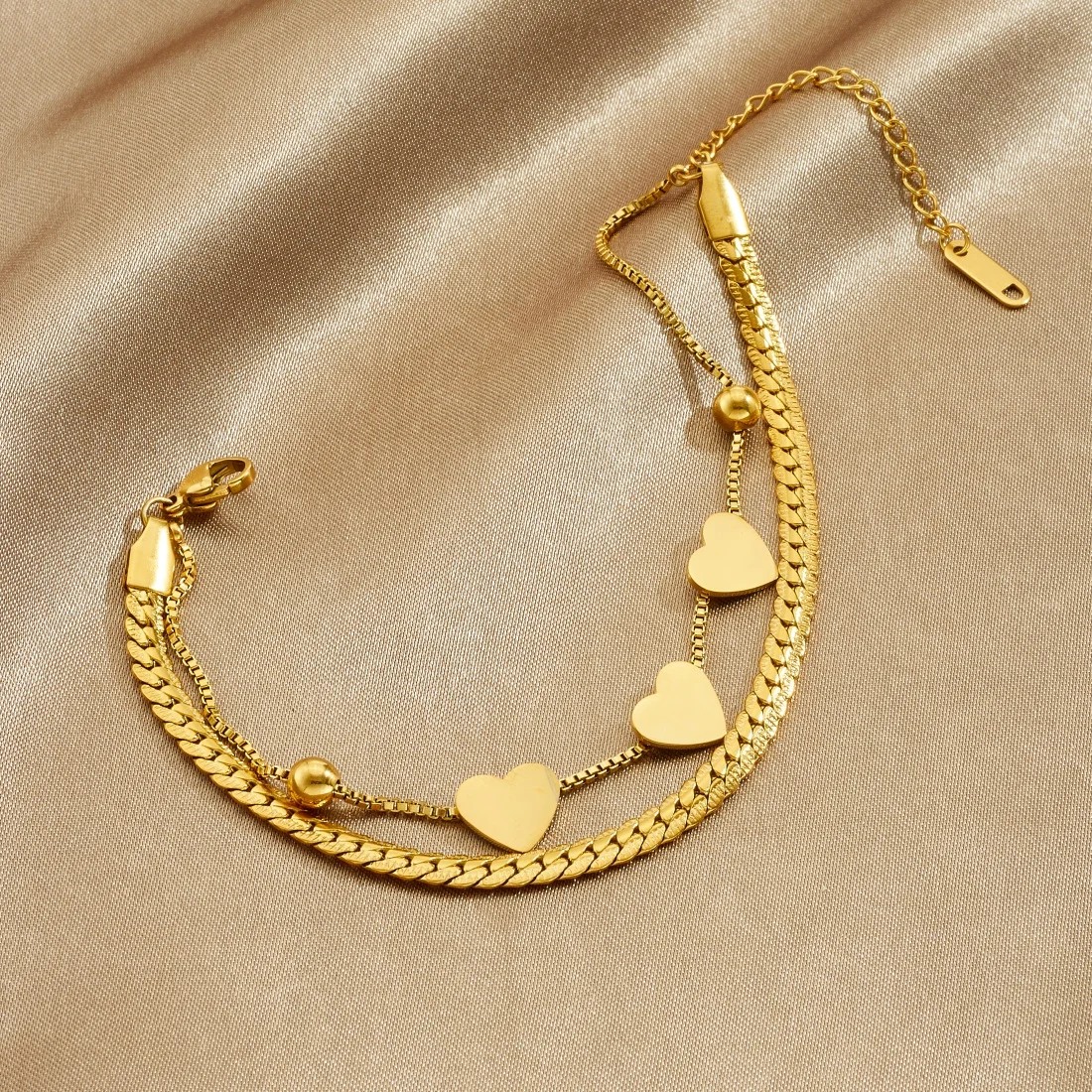 316L Stainless Steel Exquisite Double-Layer Chain Heart Beads Bracelet Women Romantic Trend Waterproof Jewelry Gifts