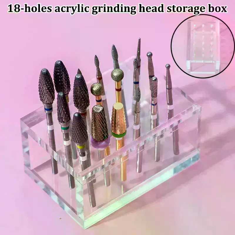 Hole Wood/Acrylic Nail Drill Bits Holder Polishing Head Storage Board Nail Grind Head Organizer Empty Container Manicure Tool 18
