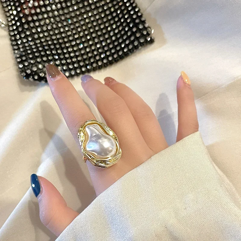 Fashion Personalized Geometrical Irregular Baroque Pearl Ring For Women Retro Open Resizable Index Finger Rings Party Jewelry