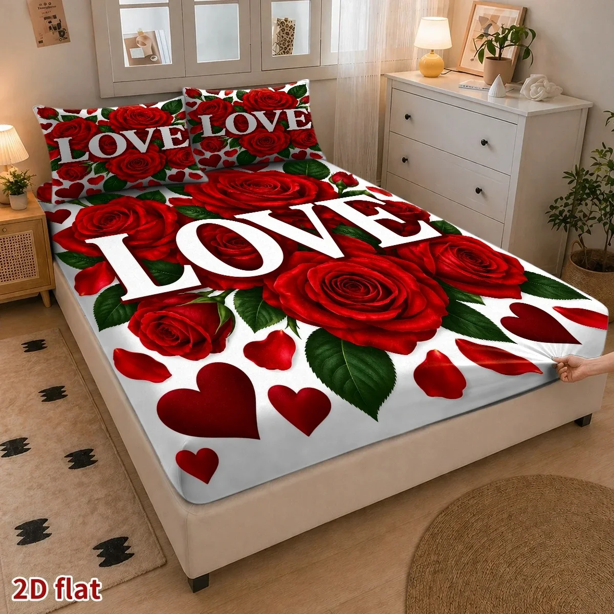 Love Red Rose Cluster French Romantic Digital Print Three-Piece Bedding Set (Includes 1 Fitted Sheet + 2 Pillowcases) 3-Piece Set, Large Deep Pocket 2D Printed Fitted Sheet and 2 Pillowcases, Mattress Protector, Fitted Sheet Style, Elastic Design, Protective Cover, Mattress Protector, Suitable for All Seasons, Machine Washable, Holiday Decoration, Various Sizes, Breathable Protective Cover Plus Pillowcase