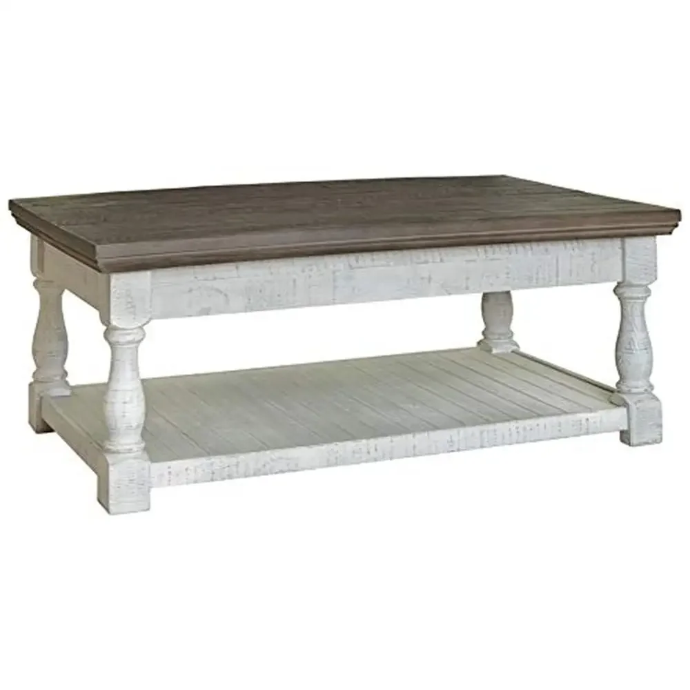 Farmhouse Weathered Gray & White Coffee Table with Lift Top and Hidden Storage Trays Solid Pine 50