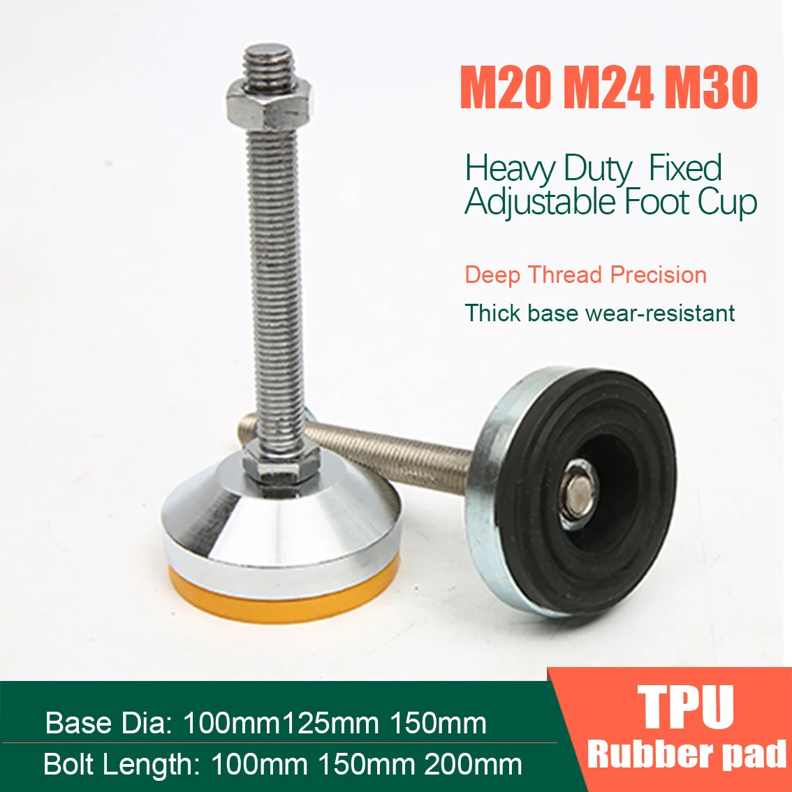M20 M24 M30 Heavy Padded Feet  Adjustable Foot Cup/Fixed Foundation Base 100/125/150mm Galvanized Nut Thread Length 100-200mm