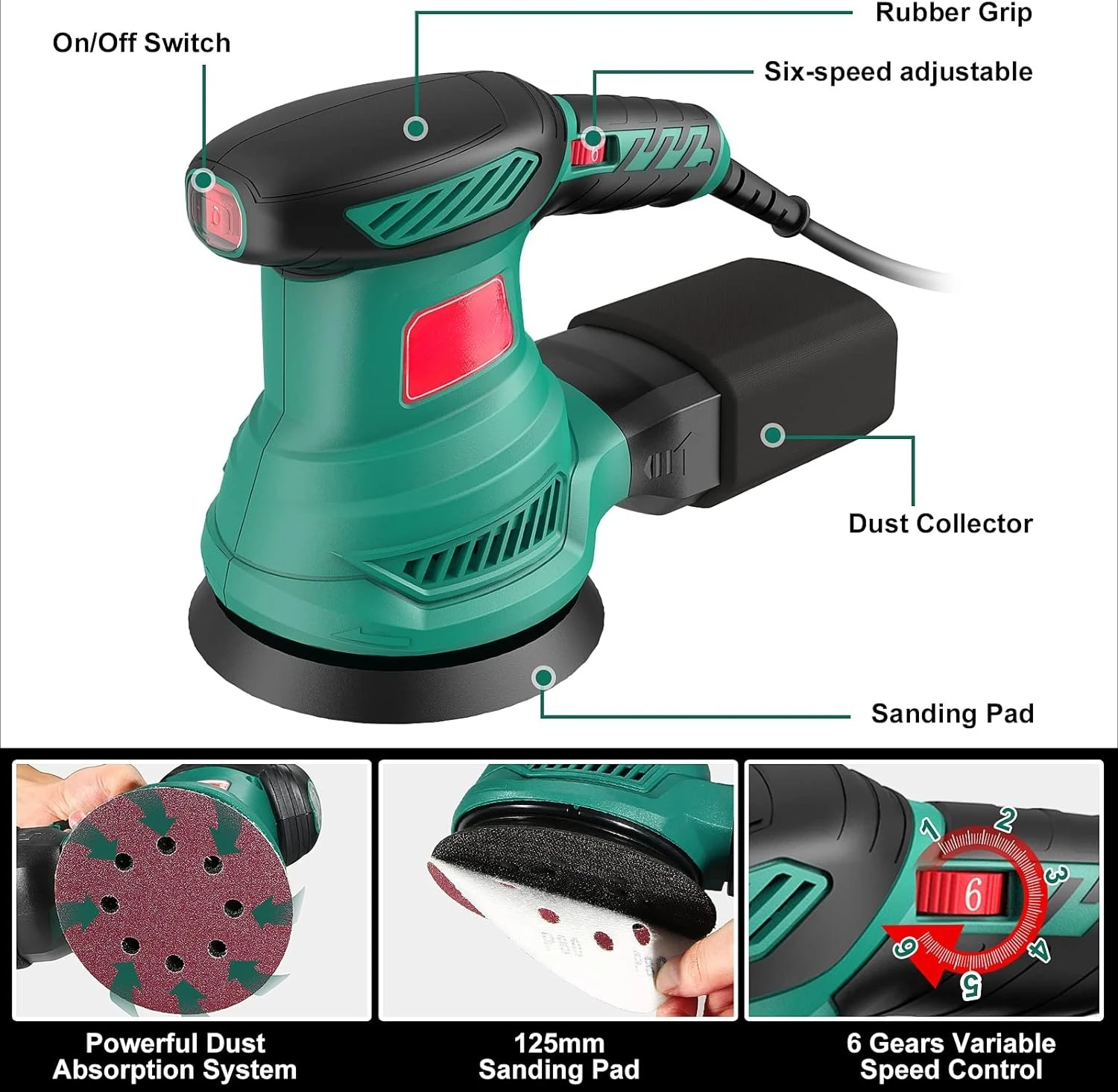 

5-Inch Random Orbital Sander, 13000RPM Electric Orbital Sander with 6 Various Speeds, Palm Sander with 12 Pcs Sandpapers