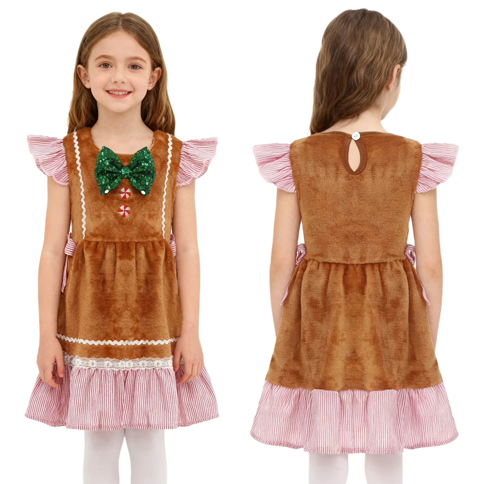 طفل الفتيات عيد الميلاد الزنجبيل رجل تأثيري فستان تحلق كم الترتر القوس أفخم مخطط فساتين عيد الميلاد السنة الجديدة زي حفلة #3