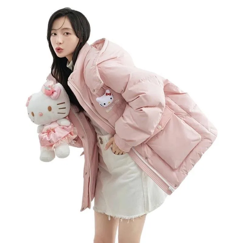 Kawaii Sanrio Hello Kitty Anime Women\'s Down Jacket Winter Thickened Cotton Coat Loose Sports Student Warm Jacket Hooded Top