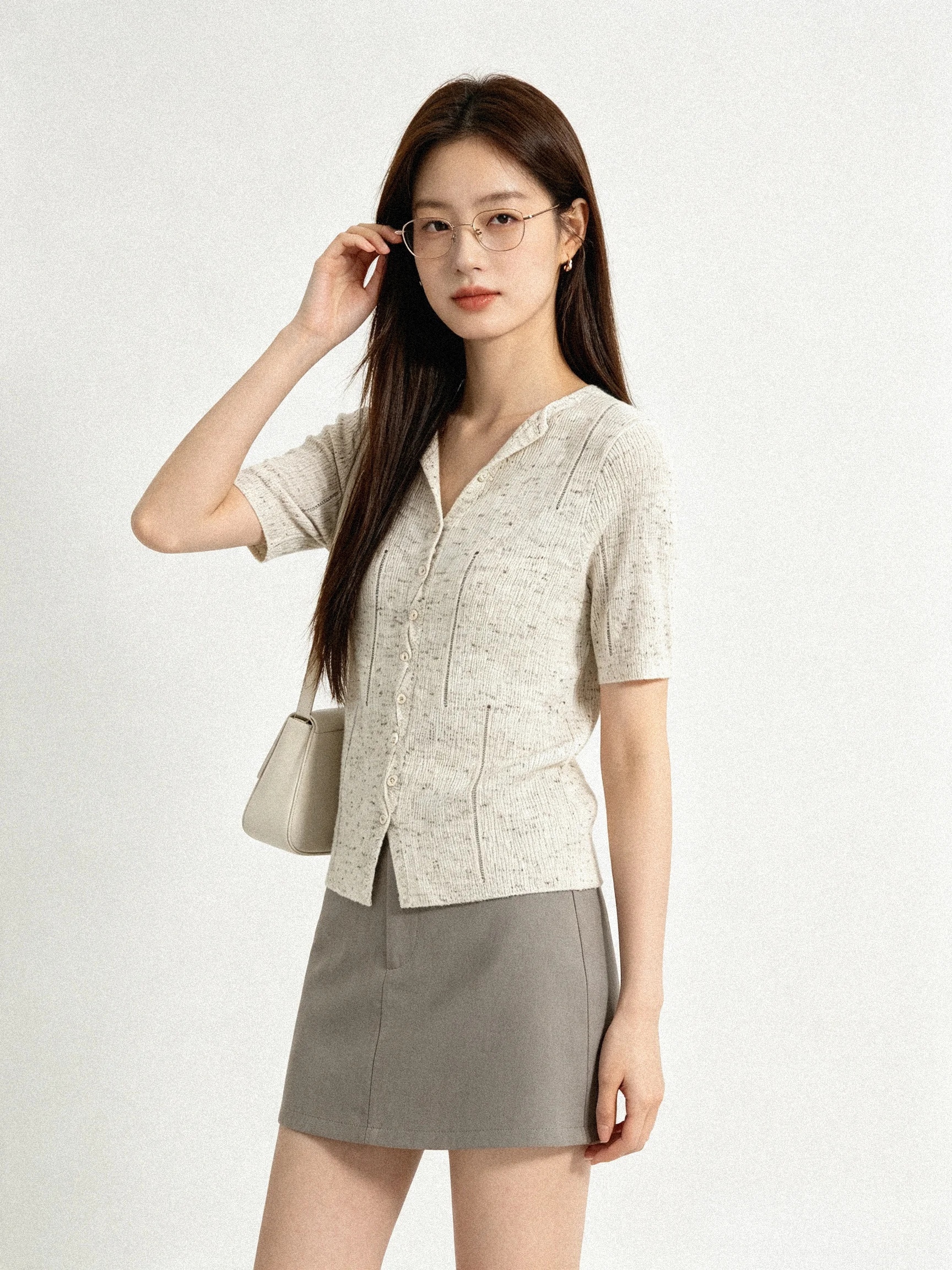 Fall Skin-friendly Retro Korean High Knitted Short-sleeved V-neck Slimming Personality T-shirt Korean Versatile Standard Fit