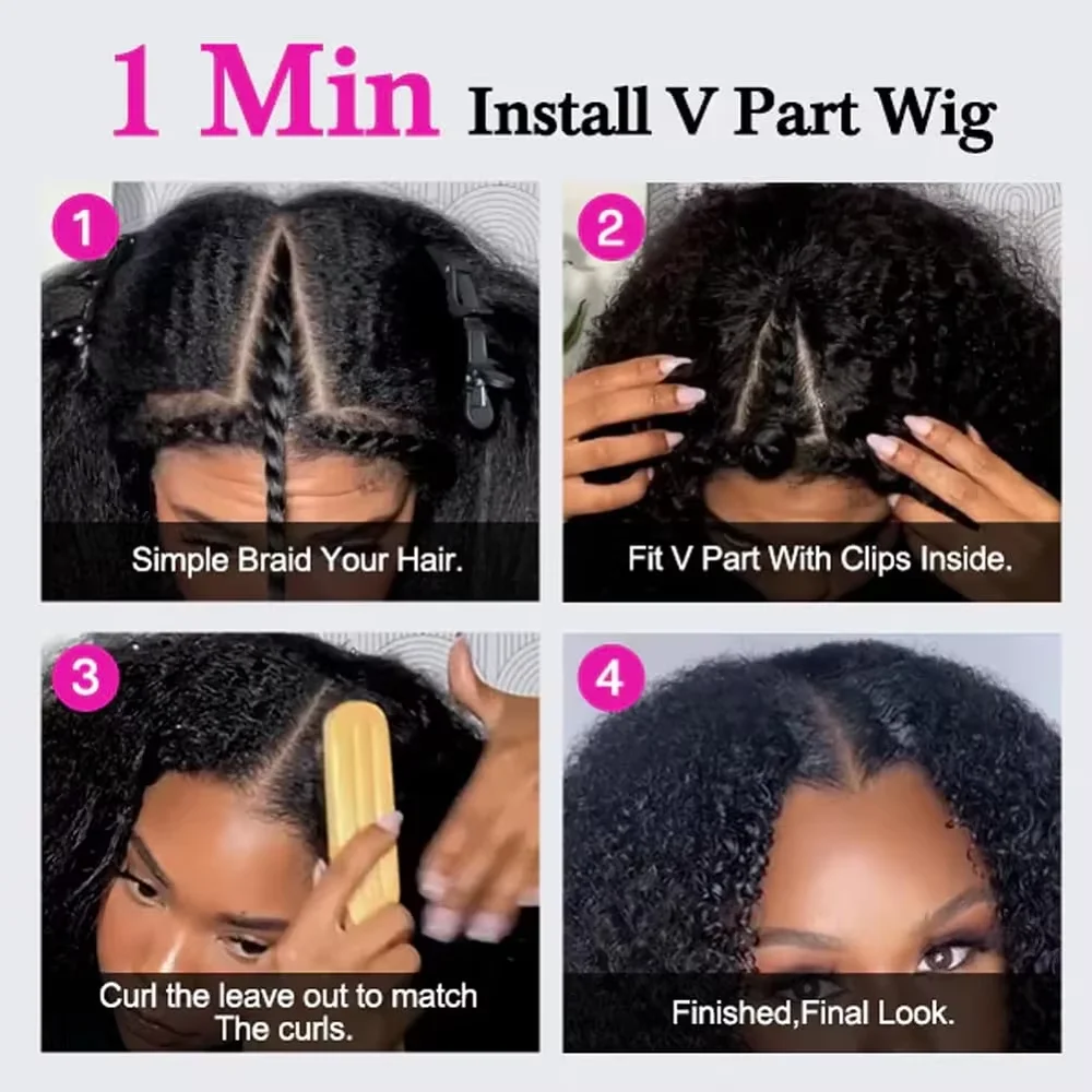V Part Wig Human Hair Kinky Straight Human Hair Wig U Part Machine Human Hair Wig with Drawstring Half Wigs for Women No Leave Out No Sew In 220% Density Natural Black Color