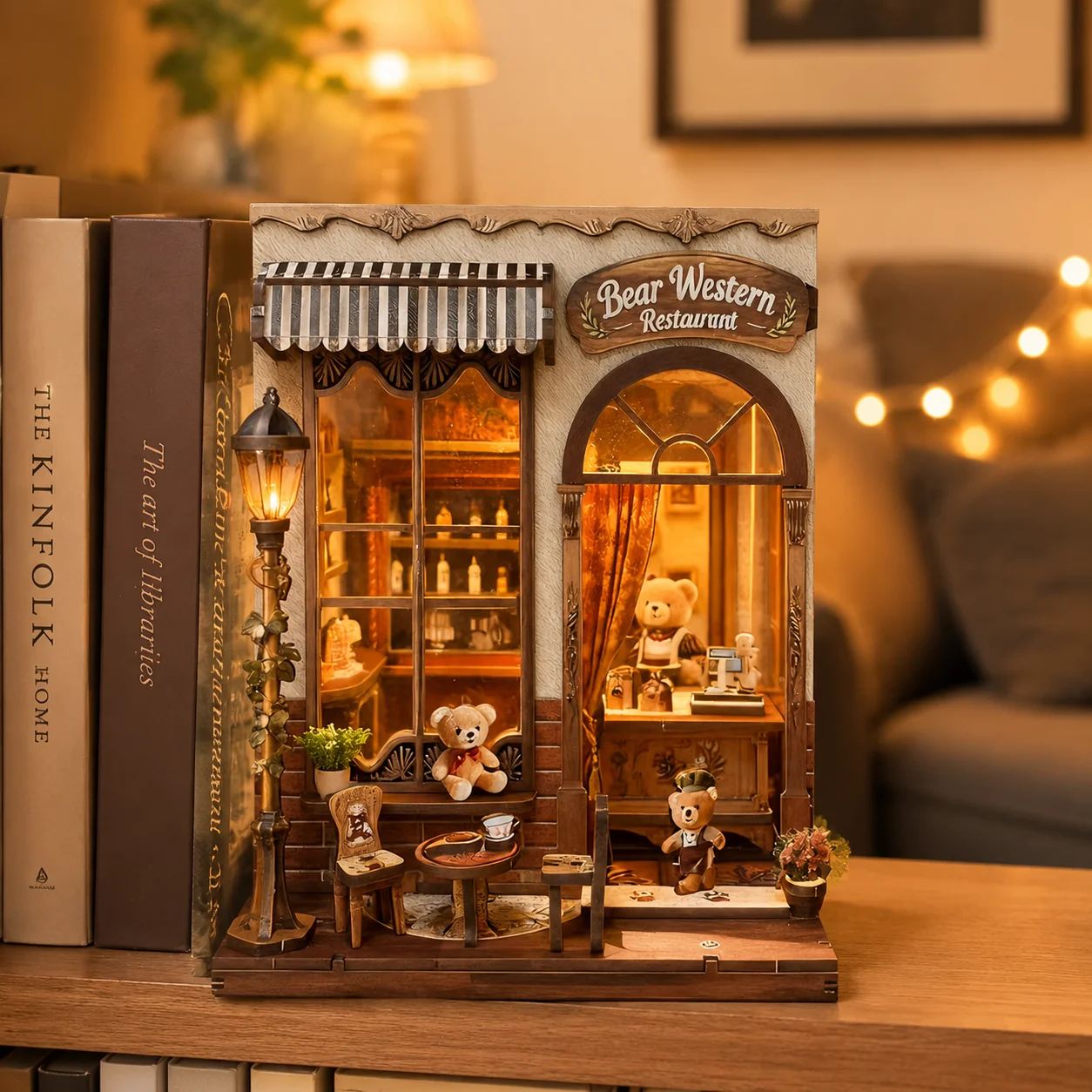 Bear Dessert House Book Nook Kit Miniature Dollhouse Wooden Puzzle 3D Model Bookshelf Bookends Home Decoration