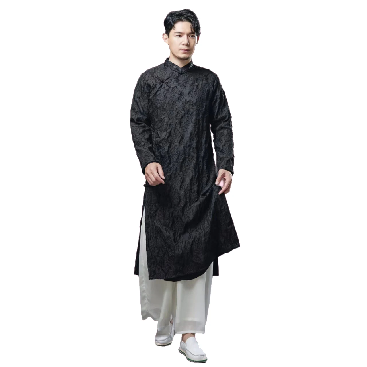 

Chinese robe Black white Traditional Tang Suit Men vintage Costume Crosstalk Gown Cheongsam ethnic clothing