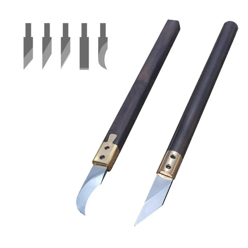 Handmade Leather Craft Tool Leather Carving Knife with Ebony Wood Handle 8PCS Replaceable Swedish ASP60 Powder Steel Blade HRC69