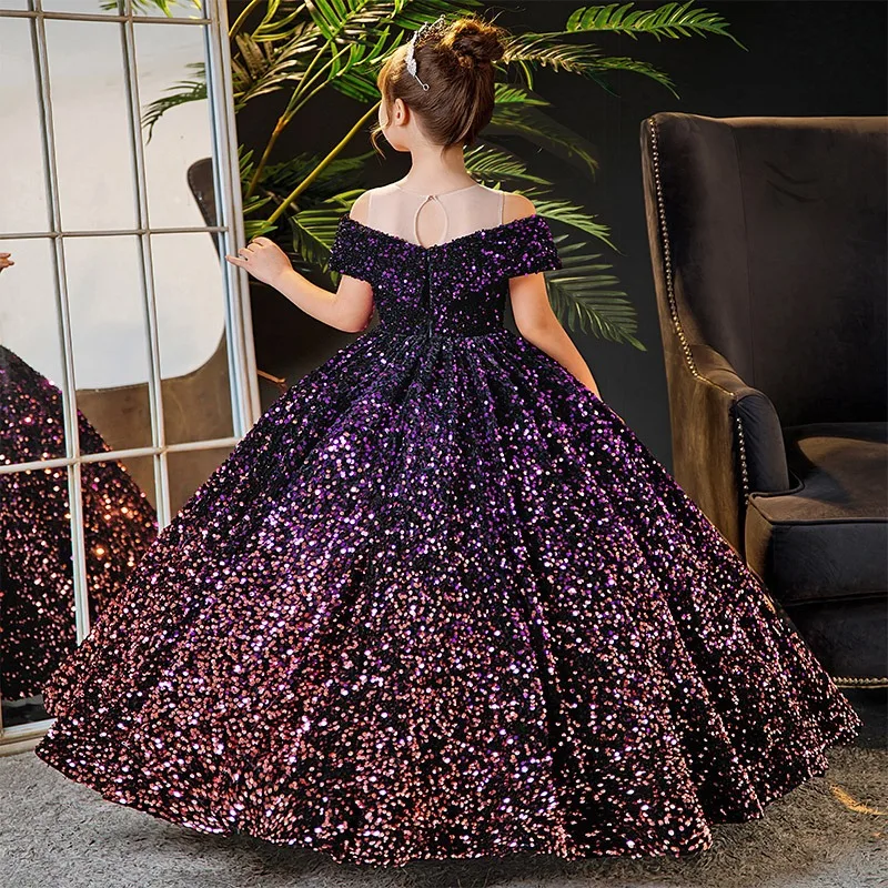 Little Girl Deep Purple Dresses Party and Wedding Summer 2023 Kids Birthday Evening Long Dress Sequin Luxury Gowns Child Costume