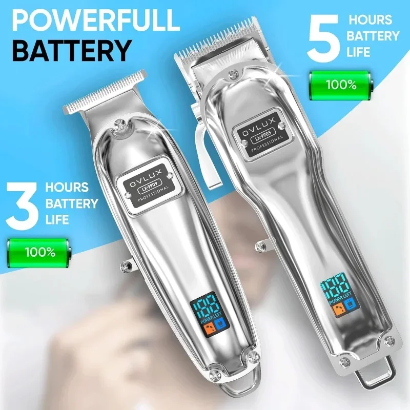 Full Metal Cordless Hair Clippers and Trimmer Professional Set for Men - Rechargeable Clippers for Hair Cutting, Beard T-Blade