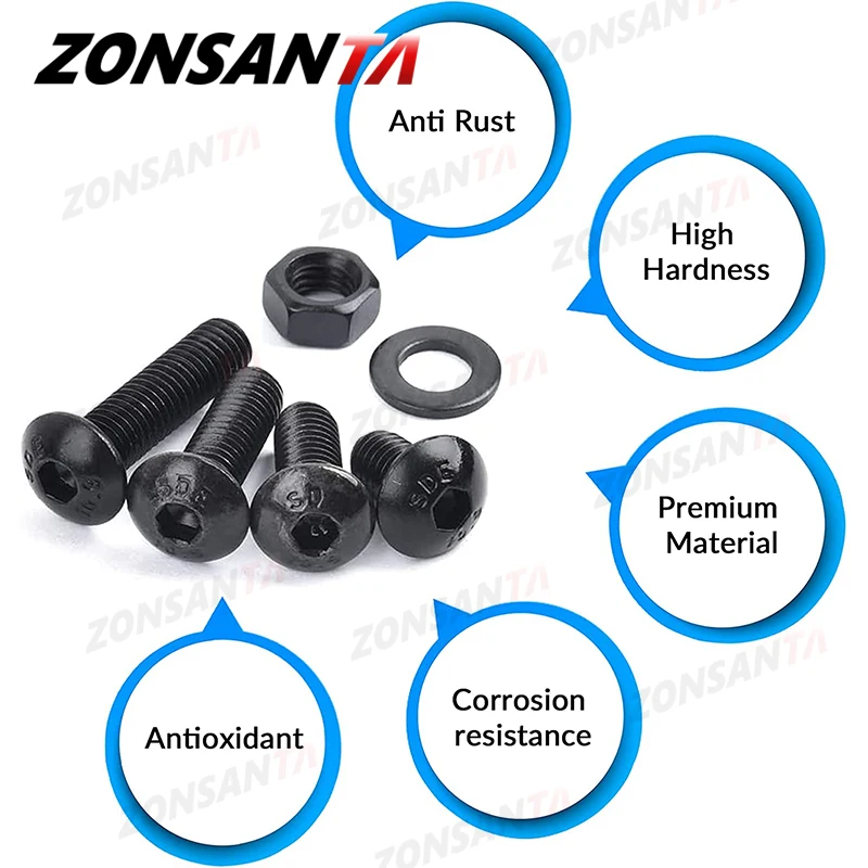 ZONSANTA M2 M2.5 M3 M4 M5 Grade 10.9 Steel Hex Hexagon Socket Button Round Head Black Screw Allen Bolt Nut Washer Set Kit Box