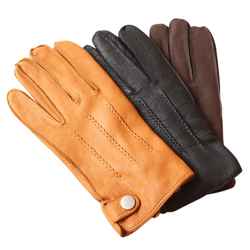 High-End Deerskin Leather Gloves Men European American Winter Warm Wool Lining Thickened Light Luxury Business Mitt Cold Protect