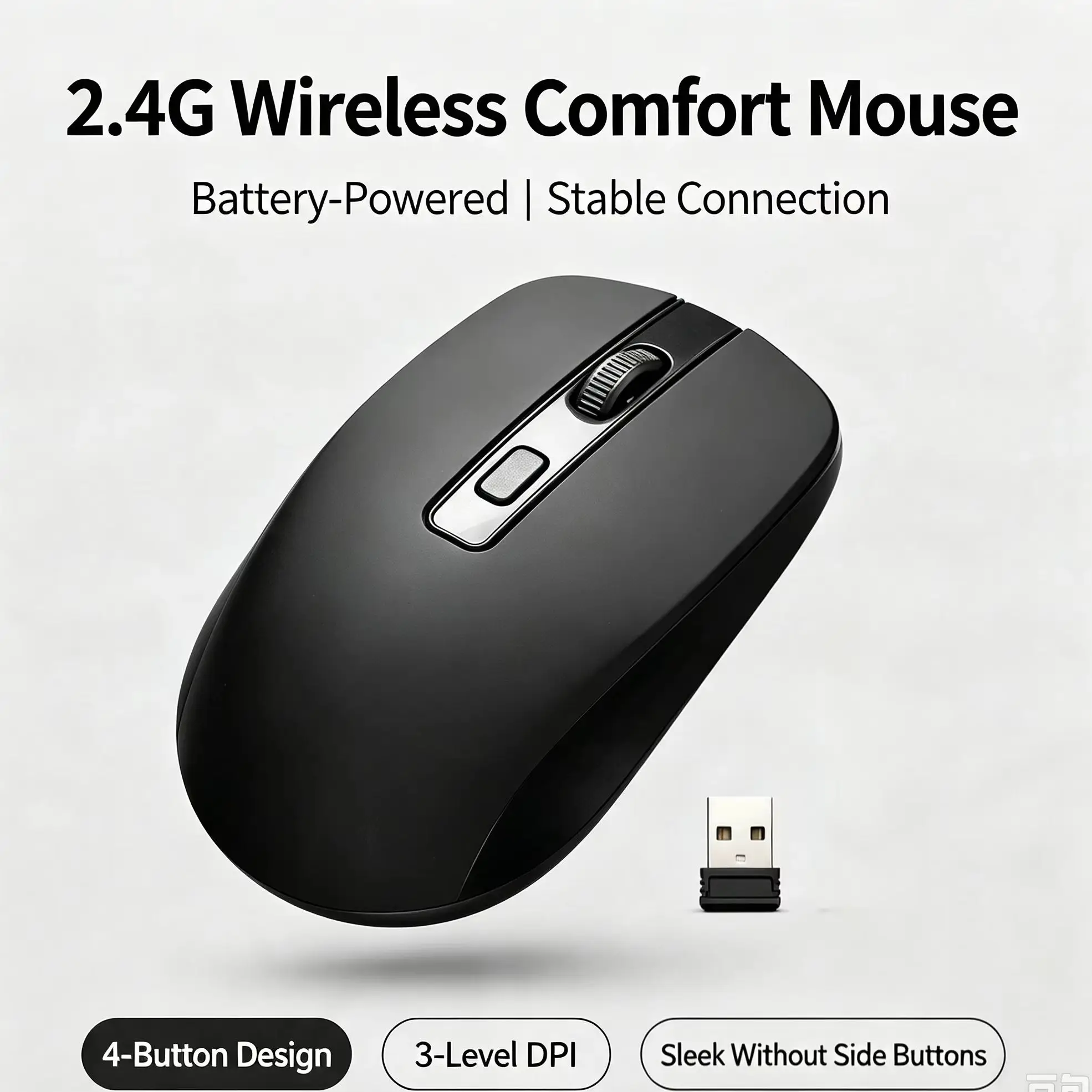 Mouse Sem Fio 2.4G Operado por Bateria Não Recarregável com 4 Botões e 3 Níveis de DPI para Computador, Laptop, Escritório e Jogos