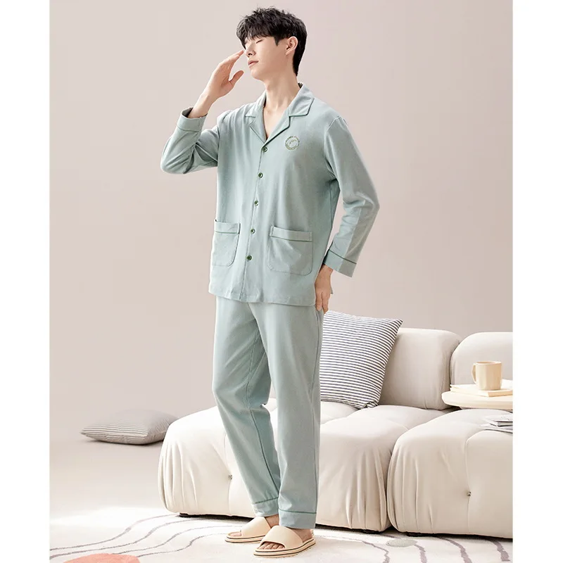 Baju tidur katun Korea 2 potong, Set atasan tidur lengan panjang & celana panjang, pakaian tidur rumah pria, piyama Dropship