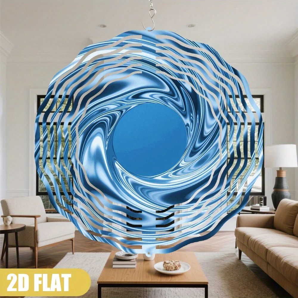 CIFBUY 2D Blue Swirl Abstract Wind Chime Metal Spinner with 360 Rotating Hook Durable Iron Hanging Ornament for Garden Porch Bal
