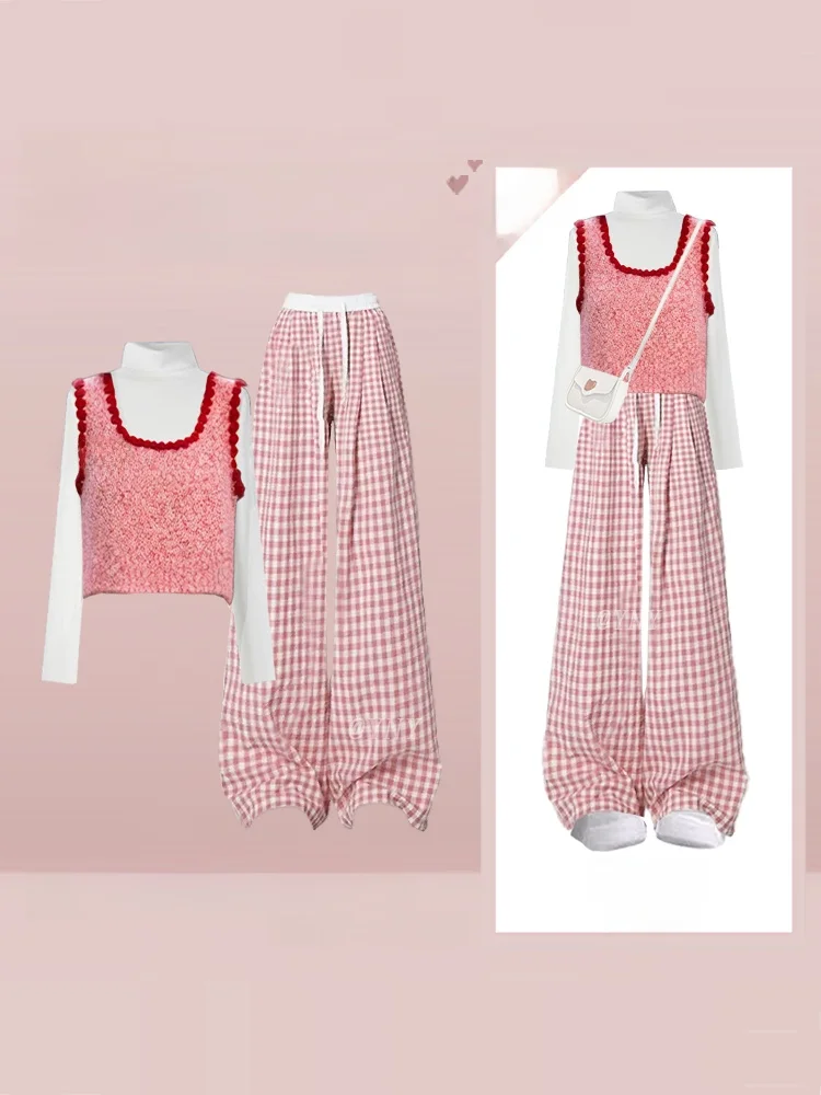 

Женский вязаный жилет Bot irt, повседневные брюки, комплект футболок, осень-зима, круглый комплект Ne Long Sve Faion Ensemble