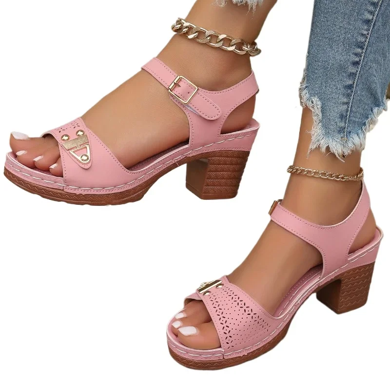 2024 summer new fashion round head comfortable casual high heels women\'s open toe sandals