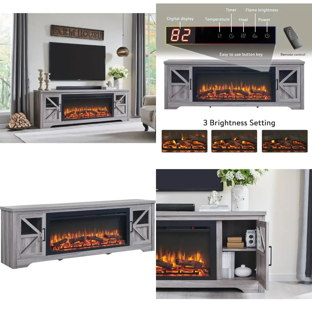 素朴な農家風スタイルのテレビスタンド、暖炉付きエンターテイメントセンター、最大85インチのテレビに対応、44ヒーター、3D炎効果、A付き