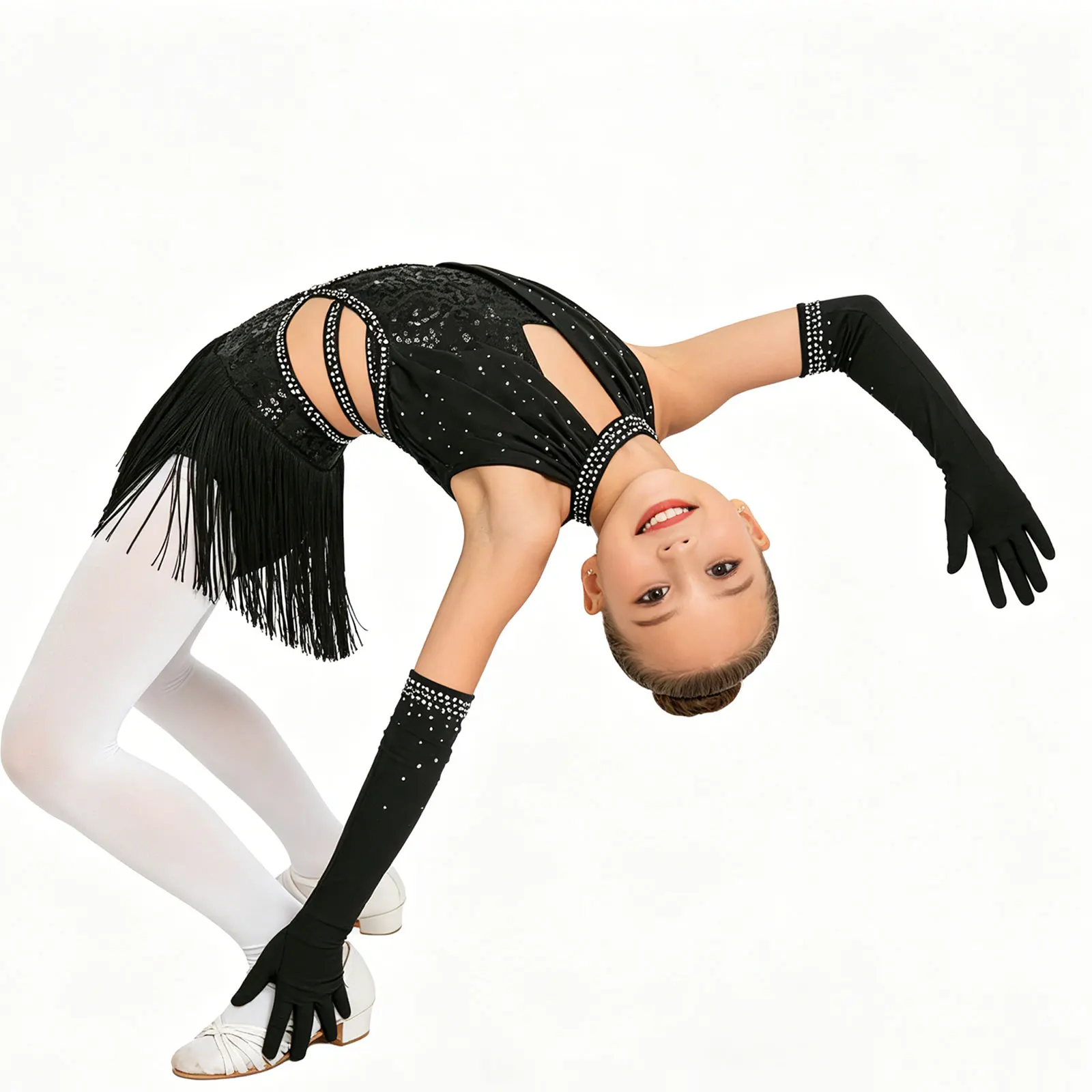 

Kid Girls Glittery Rhinestone Ballet Latin Dance Performance Costume Sequin Ruched Mesh Overlay Tassel Leotard Dress with Gloves