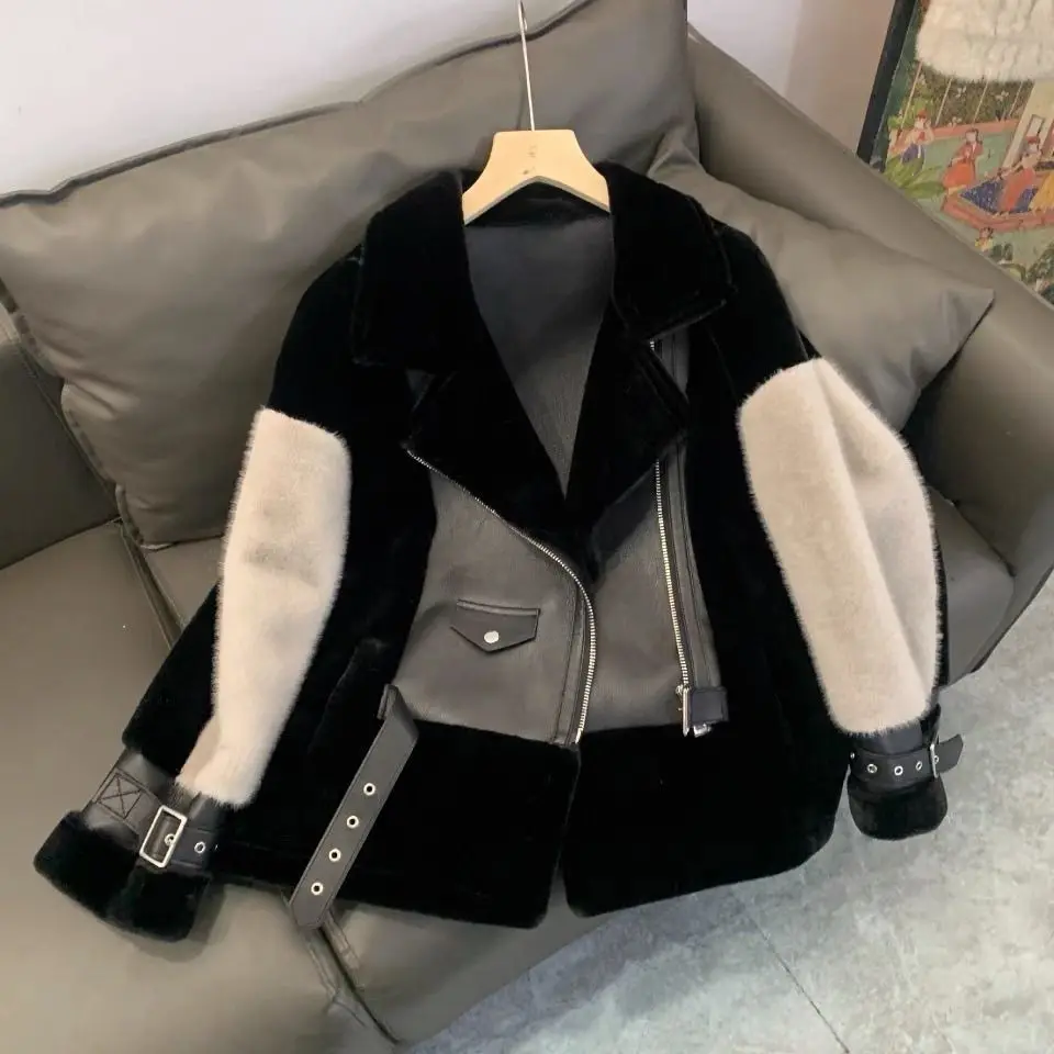 Woman Faux Leather Mink Fur Motorcycle Bomber Jacket Turn Down Collar Contrast Color Velvet Coat Furry Outerwear Zipper Parka