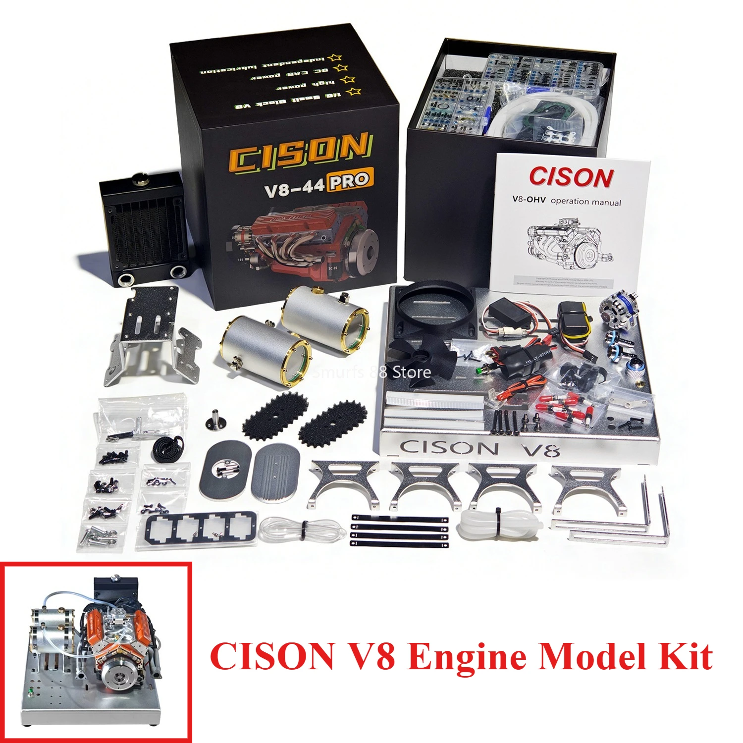 CISON V8 44CC Engine Model Kit 1/6 8 Cylinder Internal Combustion Water-cooled Four-stroke Engine Model Assembly Kit Toy